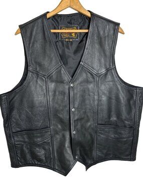Motorcycle Black Leather Vest Bonus Plain Snap Front Pockets Lined Size 2X